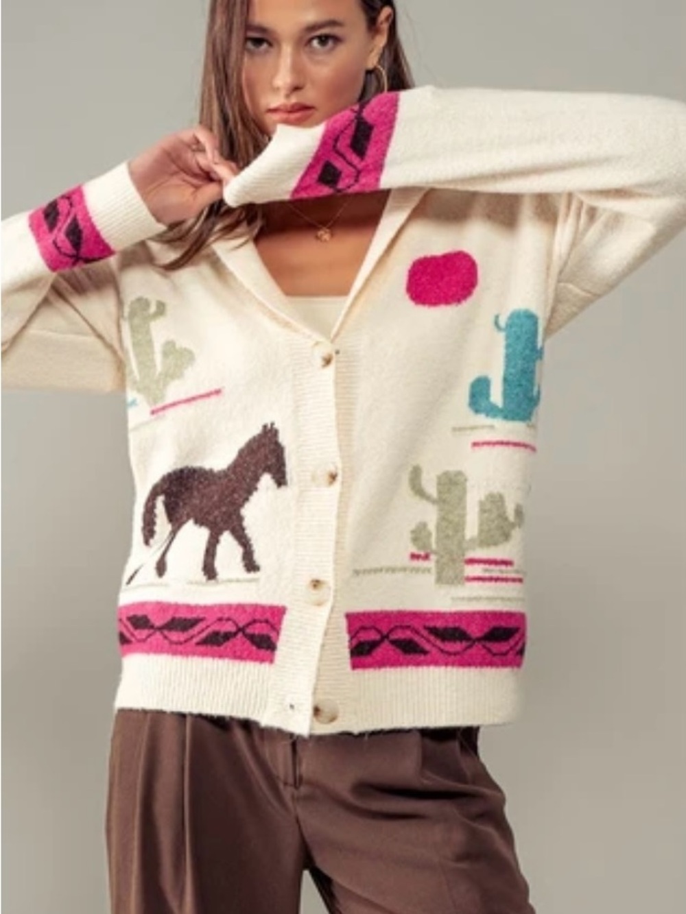 Cream Western Motif Giddy up Horse Cardigan Sweater in Pink & Teal